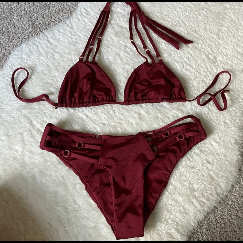 Beach Bunny Burgundy Strappy Triangle Bikini